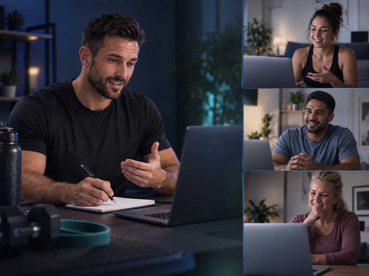 Fitness professional leading an attentive online client consultation